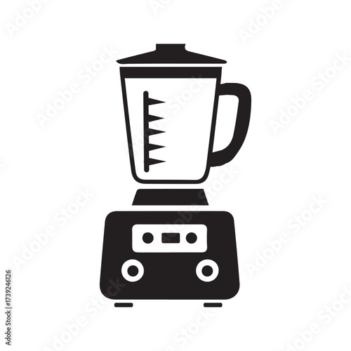 A black silhouette of a kitchen blender with a measuring pitcher on a white background.