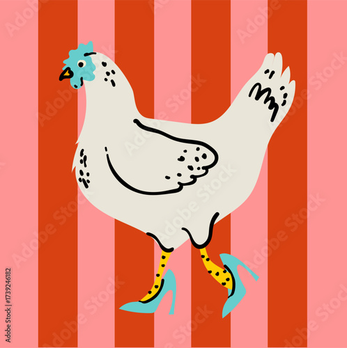 A funny and stylish vector illustration of a fabulous, fashion-forward chicken. This quirky hand-drawn art features a hen walking confidently in high heels, perfect for trendy, humorous projects