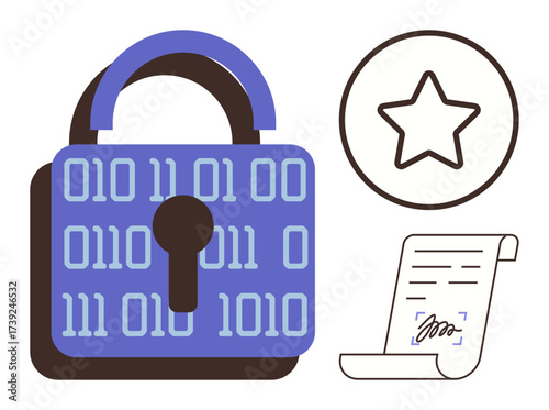 Binary-coded lock symbolizing cybersecurity, star denoting quality assurance, signed document representing certification. Ideal for data protection, encryption, compliance, trust, authentication