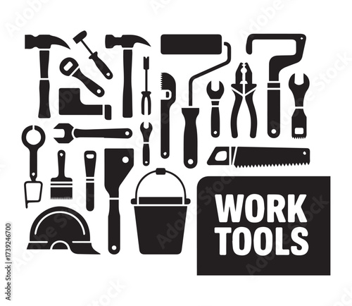 A collection of various black silhouette work tools and a bucket on a white background.