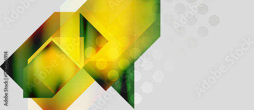 Abstract geometric shapes overlap, creating vibrant yellow, green gradients. Light bokeh effects add depth, contrasted against gray background.