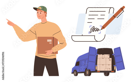 Delivery worker carrying a box, pointing the way, alongside a loaded truck, and a signed contract. Ideal for logistics, shipping, delivery service, e-commerce, courier order tracking agreements