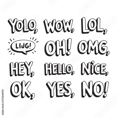 Collection of popular slang words and expressions handwritten and isolated on a white background.