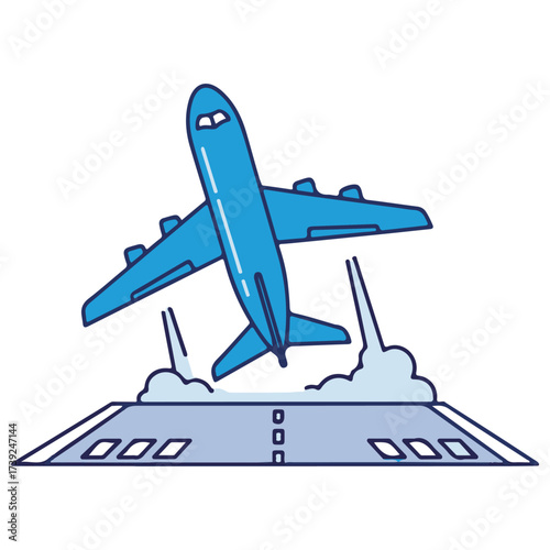 Blue Airplane Taking Off from Airport Runway Illustration