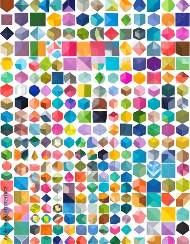 Multitude of geometric shapes, vibrant colors, diverse forms, patterns