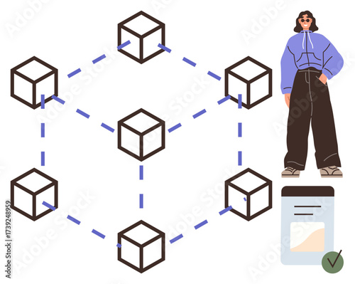 Interconnected cubes representing blockchain, person in casual attire, approved document. Ideal for blockchain concept, decentralization, security, technology, finance, smart contracts innovation