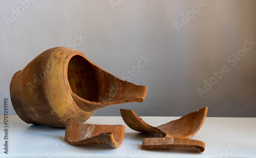 Brown broken clay jug. Clay pots.