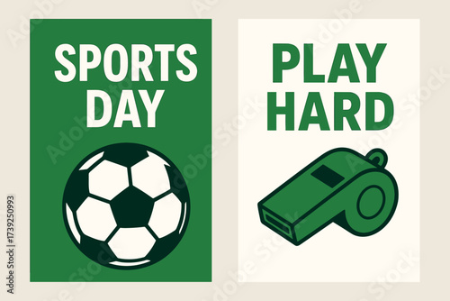 Sports Day Banners. Two vertical A6 banners, flat vector design, green and white backgrounds, football ball and sports whistle, school sports theme, first