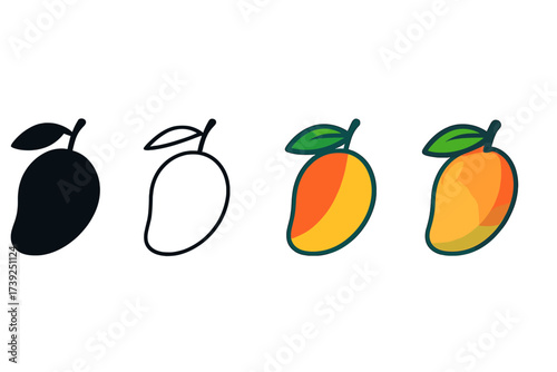 Mango Icon Styles. Vector icon mango fruit same pose same proportions four styles black solid glyph outline minimal flat multicolor filled cartoon flat shaded.