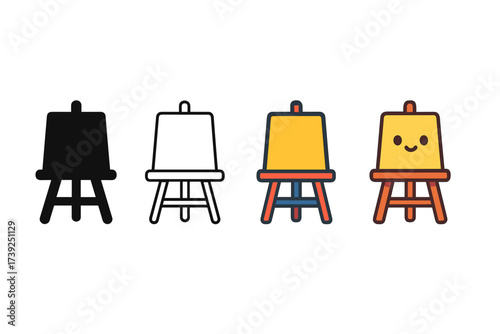 Icon Art Styles. Vector icon art easel same pose same proportions four styles black solid glyph outline minimal flat multicolor filled cartoon flat shaded. Set