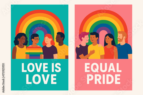 LGBTQ Rainbow Banners. Two vertical A6 banners, flat vector design, turquoise and pink backgrounds, rainbow with diverse people, lgbtq rights theme, first