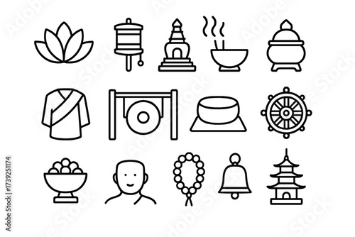 Buddhist Ritual Icons. Buddhist rituals. Line icon set of Buddhist rituals: lotus flower, prayer wheel, stupa, incense burner, monk robe, gong, meditation