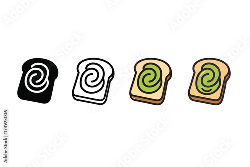 Stylized Avocado Toast Icons. Vector icon avocado toast same pose same proportions four styles black solid glyph outline minimal flat multicolor filled cartoon