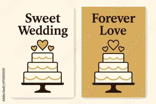 Wedding Celebration Banners. Two vertical A6 banners, flat vector design, cream and gold backgrounds, wedding cake with hearts, marriage celebration, first