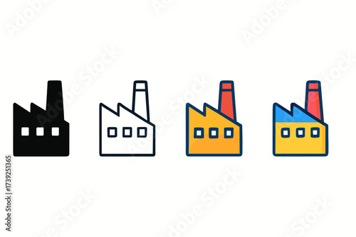 Factory Icon Styles. Vector icon factory building same pose same proportions four styles black solid glyph outline minimal flat multicolor filled cartoon flat