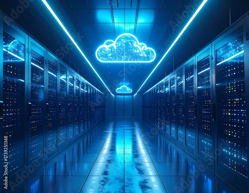 Futuristic Data Center with Cloud Symbol Innovative Technology and Digital Transformation