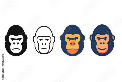 Gorilla Icons Collection. Vector icon gorilla head same pose same proportions four styles black solid glyph outline minimal flat multicolor filled cartoon flat