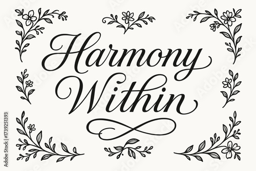 Elegant Calligraphy Harmony. Harmony Within, elegant calligraphy lettering, smooth curves, balanced composition, clear readable letters, consistent style,