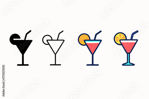 Stylized Cocktail Icons. Vector icon cocktail glass same pose same proportions four styles black solid glyph outline minimal flat multicolor filled cartoon