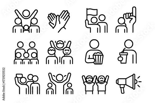 Audience Icon Set. Audience. Line icon set of audience: cheering crowd, clapping hands, waving flag, foam finger, family in seats, group of fans, person with