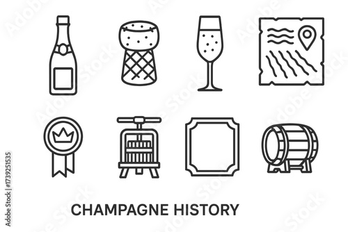 Champagne History Icons. Outline icon set of champagne history: vintage bottle, old cork, classic glass, vineyard map, royal seal, ancient press, historical