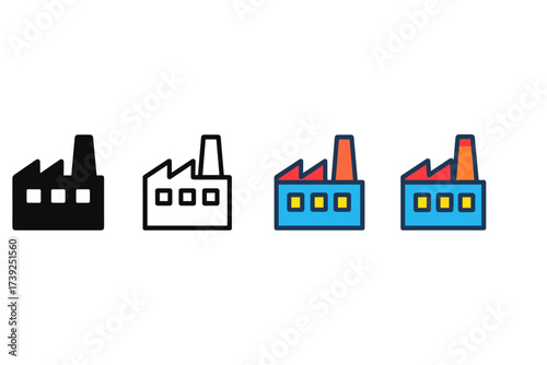 Factory and Pump Icons. Vector icon factory building same pose same proportions four styles black solid glyph outline minimal flat multicolor filled cartoon