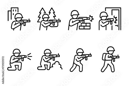 Grenade Launcher Scenarios Icons. Outline icon set of grenade launcher combat scenarios: urban combat, jungle warfare, defensive position, breach, suppression