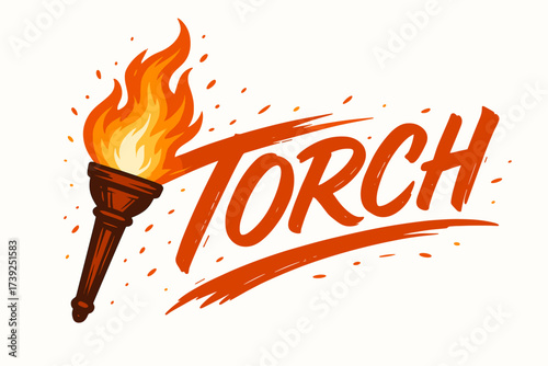 Fiery Brush Art. Torch, brush lettering, fiery sweeping tone, surrounded by sparks, horizontal balanced layout, clean white background, vector look, high