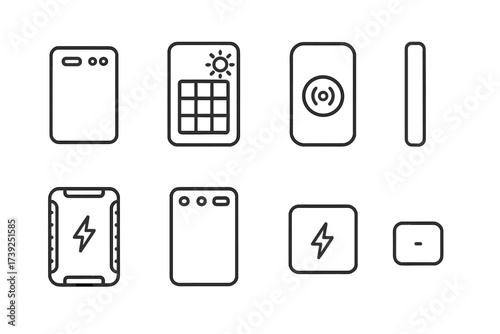 Power Bank Icons. Outline icon set of power bank types: portable power bank, solar power bank, wireless charging power bank, slim power bank, rugged power