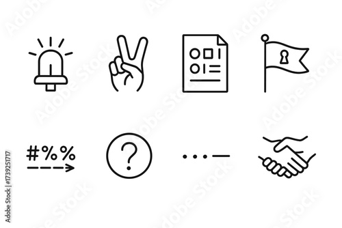 Secret Signal Icons. Outline icon set of secret signals and codes: blinking light, hand signs, coded message, secret flag, encrypted text, mystery symbol,