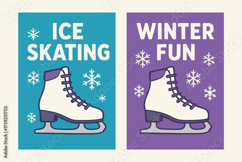 Ice Skating Banners. Two vertical A6 banners, flat vector design, cyan and purple backgrounds, ice skating shoes with snowflakes, winter sport, first banner