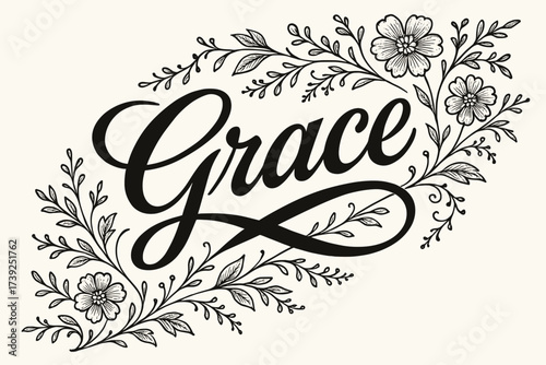 Graceful Vintage Calligraphy. Grace, bold vintage calligraphy, smooth curves, balanced composition, clear readable letters, consistent style, surrounded by