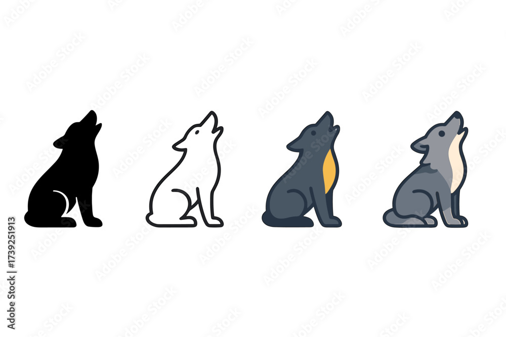 Obraz premium Stylish Animal Icons. Vector icon wolf howling same pose same proportions four styles black solid glyph outline minimal flat multicolor filled cartoon flat