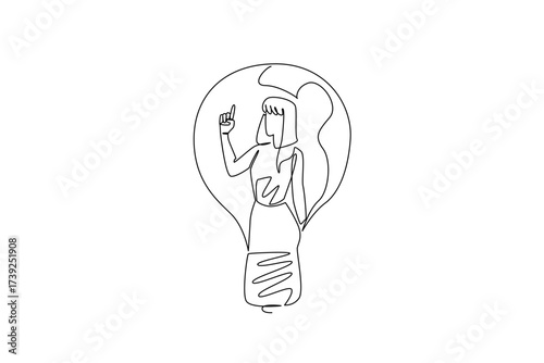 Continuous one line drawing a woman in casual clothes with gestures got an idea in a lightbulb. Have a brilliant and genius idea. National Creativity Day. Single line draw design vector illustration