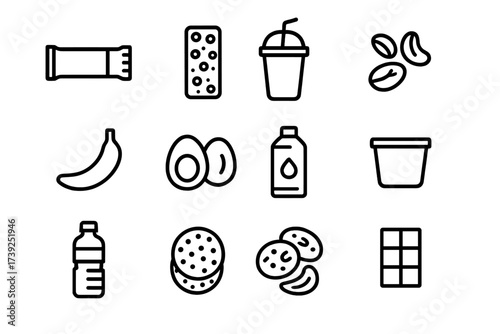 Fitness Snack Icons. Fitness snacks. Line icon set of fitness snacks: protein bar, granola bar, smoothie, nuts, banana, boiled egg, energy gel, yogurt cup,