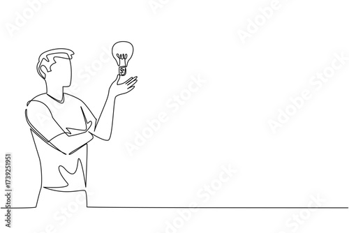 Continuous one line drawing a man raises and opens palm with lightbulb floating above palm. Measuring the best ideas to implement. National Creativity Day. Single line draw design vector illustration