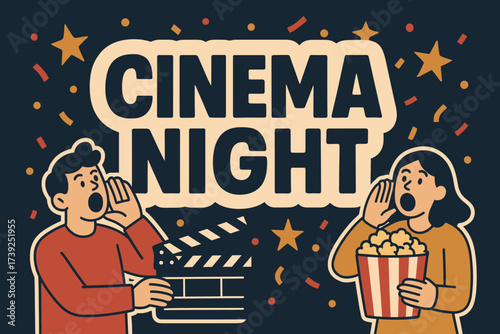Cinema Night Extravaganza. Cinema Night banner, flat vector illustration, bold oversized text inside sticker outline, cartoon characters shouting with clapper
