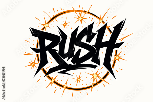 Rush Graffiti Art. Rush, graffiti lettering, sharp bold strokes, surrounded by sparks, circular frame composition, clean white background, vector look, high