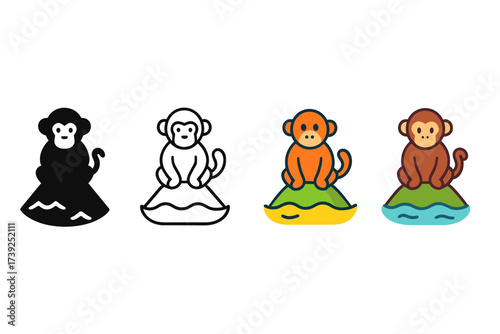 Colorful Monkey Icons. Vector icon island with monkeys same pose same proportions four styles black solid glyph outline minimal flat multicolor filled cartoon