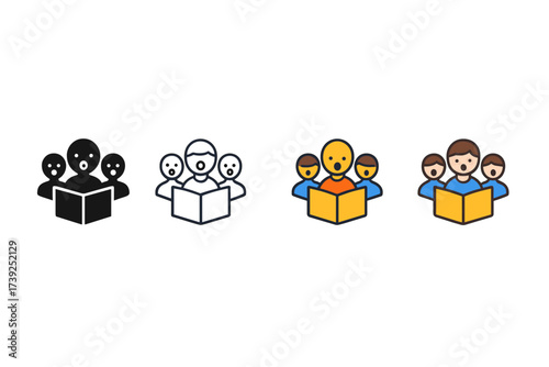 School Choir Icons. Vector icon school choir same pose same proportions four styles black solid glyph outline minimal flat multicolor filled cartoon flat