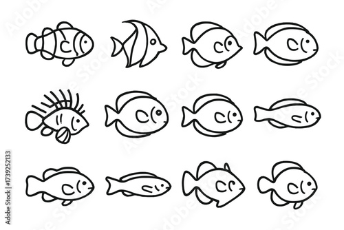 Tropical Fish Icons. Tropical fish. Line icon set of tropical fish: clownfish, angelfish, butterflyfish, parrotfish, lionfish, surgeonfish, tang, wrasse,