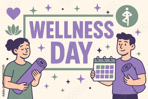 Wellness Day Celebration. Wellness Day banner, flat vector illustration, bold oversized text inside rectangular frame, cartoon characters holding yoga mats and