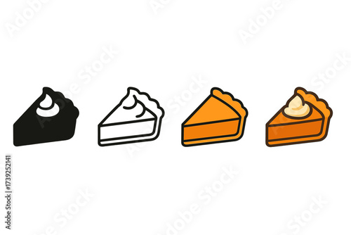 Autumn Pie Icon Set. Vector icon autumn pie slice same pose same proportions four styles black solid glyph outline minimal flat multicolor filled cartoon flat