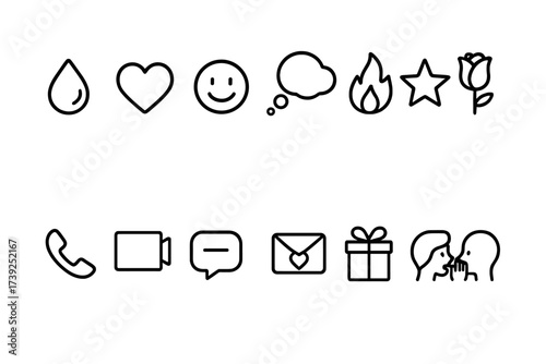 Poetry and Love Icons. Outline icon set of poetry emotions: tears, heart, smile, thought bubble, flame, star, broken heart, rose. Line icons in only black