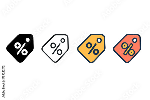 Icon Style Variations. Vector icon discount label same pose same proportions four styles black solid glyph outline minimal flat multicolor filled cartoon flat