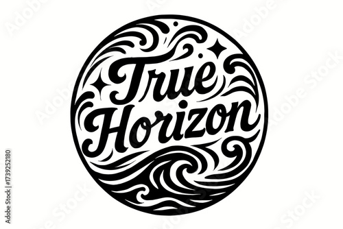 True Horizon Typography. True Horizon, bold vintage calligraphy, smooth curves, balanced composition, clear readable letters, consistent style, surrounded by