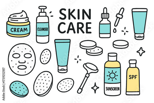 Skincare Essentials Doodle. Skin care. Hand-drawn doodle illustration skin care face cream jar (colored), cleanser bottle, toner bottle (colored), moisturizer