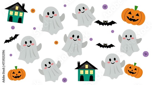 Cute Halloween Pattern with Adorable Ghosts, Jack-o'-Lanterns, Bats, and Haunted Houses. Spooky Season Vector Design for Kids.