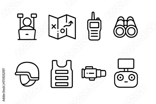 Tactical Gear Icons. Outline icon set of tactical operations: command post, tactical map, walkie-talkie, binoculars, helmet, bulletproof vest, night vision