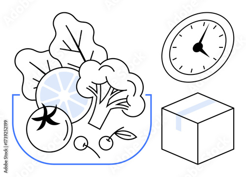 Assorted vegetables and fruits in a bowl with a clock and package emphasize delivery service, healthy eating, time management, fresh produce, convenience, nutrition, sustainability. Simple flat